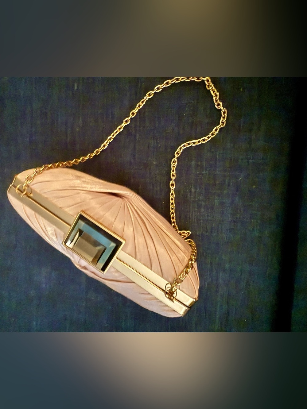Sondra Roberts Champagne Pleated Clutch with Blue Jewel Clutch and Gold Chain